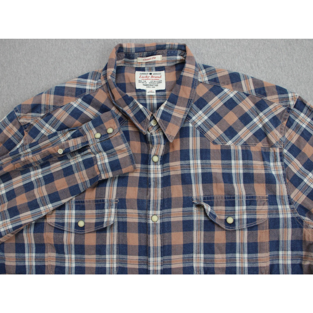 Lucky Brand Shirt Mens Size XL Plaid 100% Cotton Long Sleeve Snap Button Classic